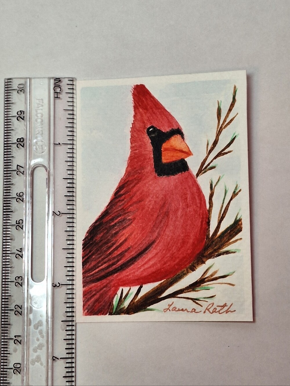 "Cardinal Portrait" Hand-painted gouache painting (Tiny original artwork!) - Picture 7 of 9